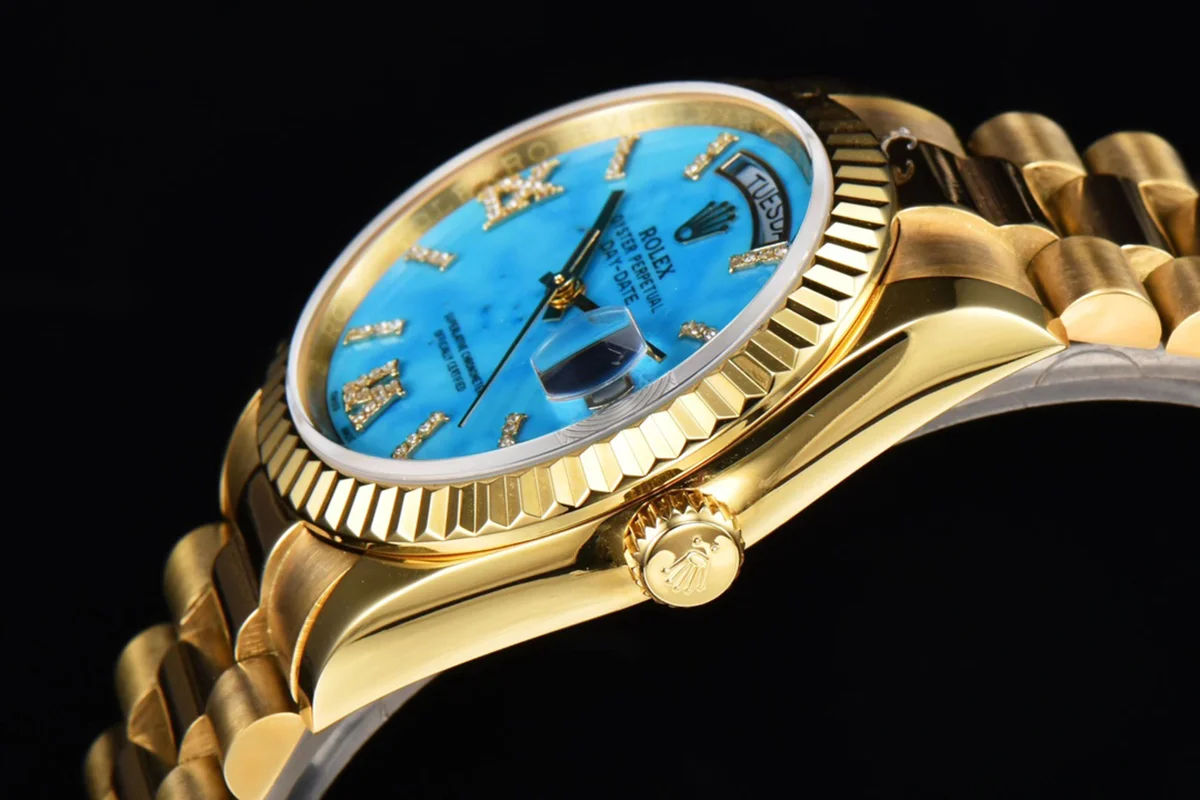Daydate 36 128238 Turquoise Diamond Roman Dial in Yellow Gold