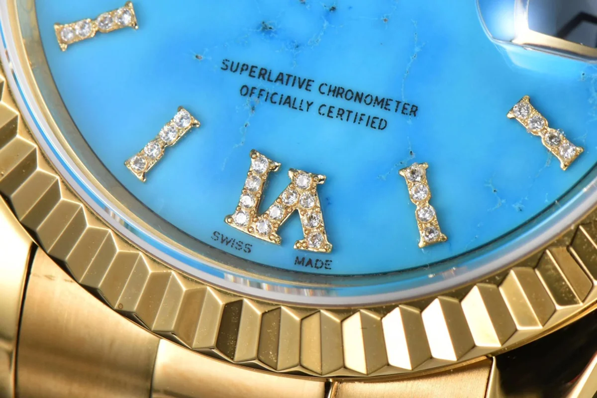 Daydate 36 128238 Turquoise Diamond Roman Dial in Yellow Gold