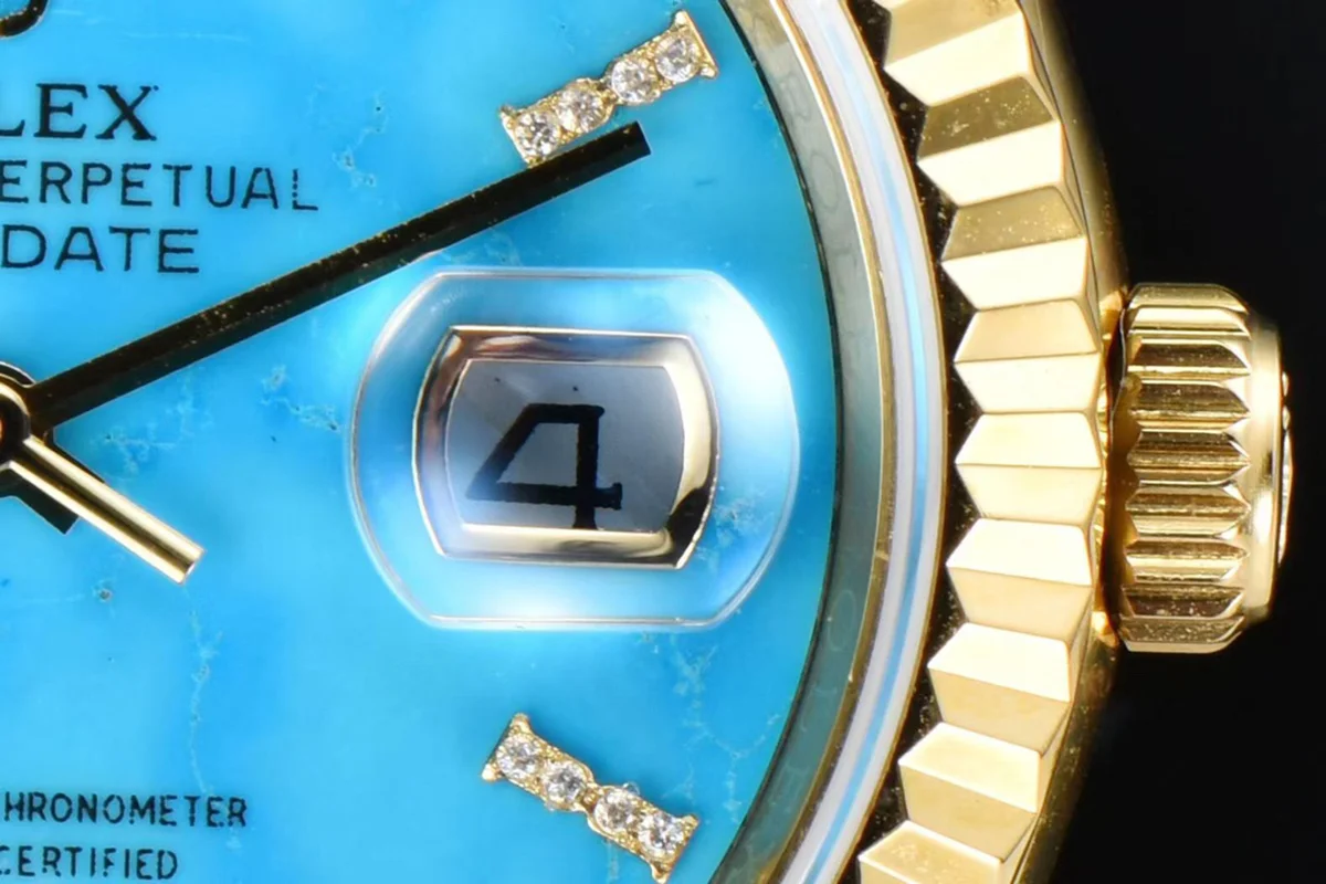 Daydate 36 128238 Turquoise Diamond Roman Dial in Yellow Gold