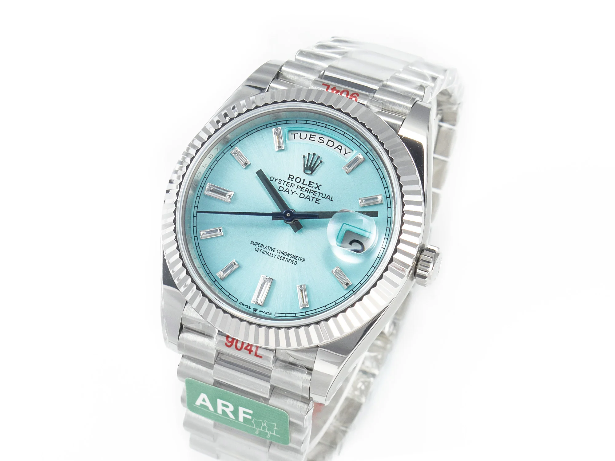 DayDate 40 228236 ARF 904L Steel Tiffany Blue Crystal Diamonds Bezel on President Bracelet VR3255