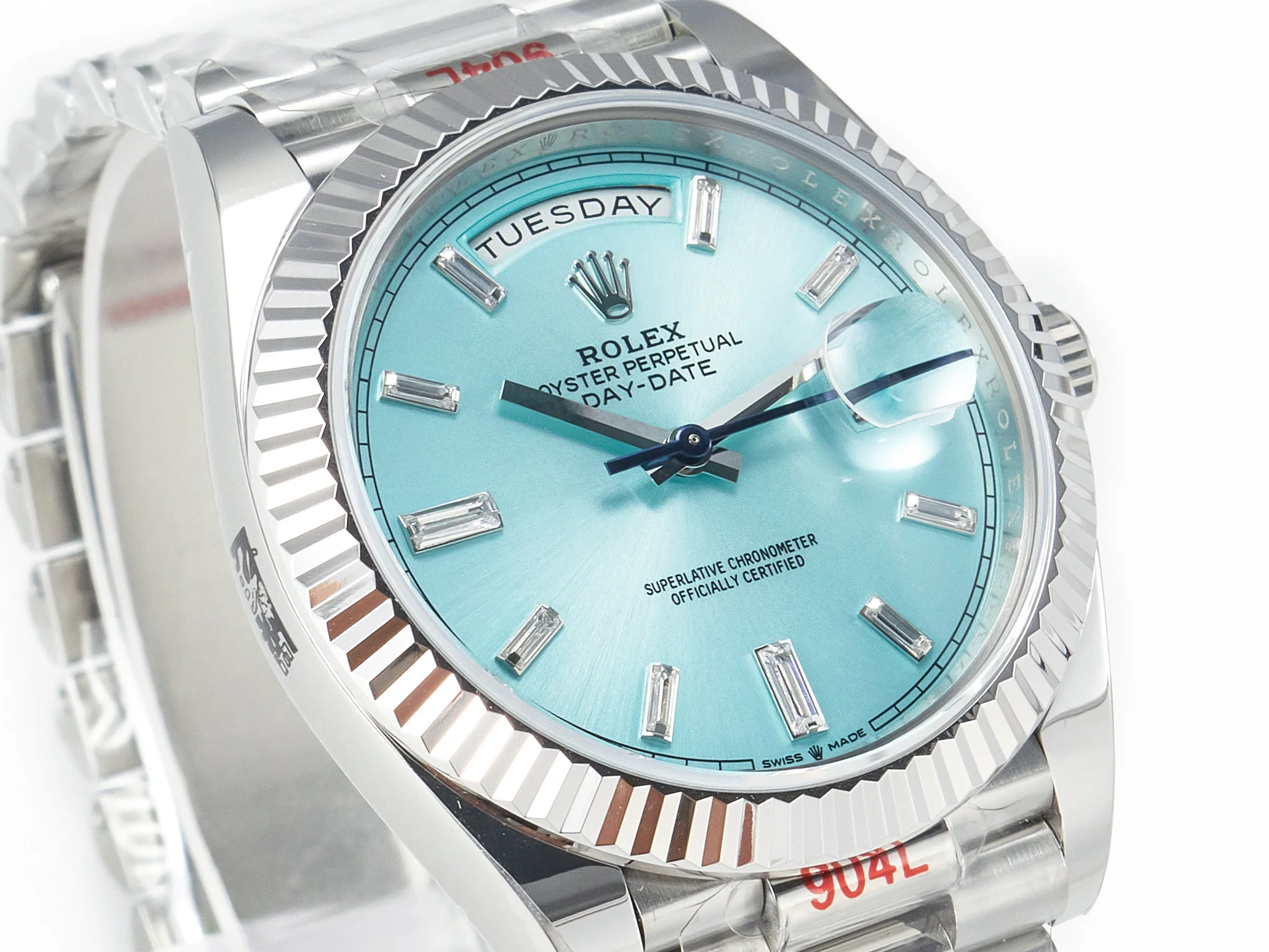 DayDate 40 228236 ARF 904L Steel Tiffany Blue Crystal Diamonds Bezel on President Bracelet VR3255