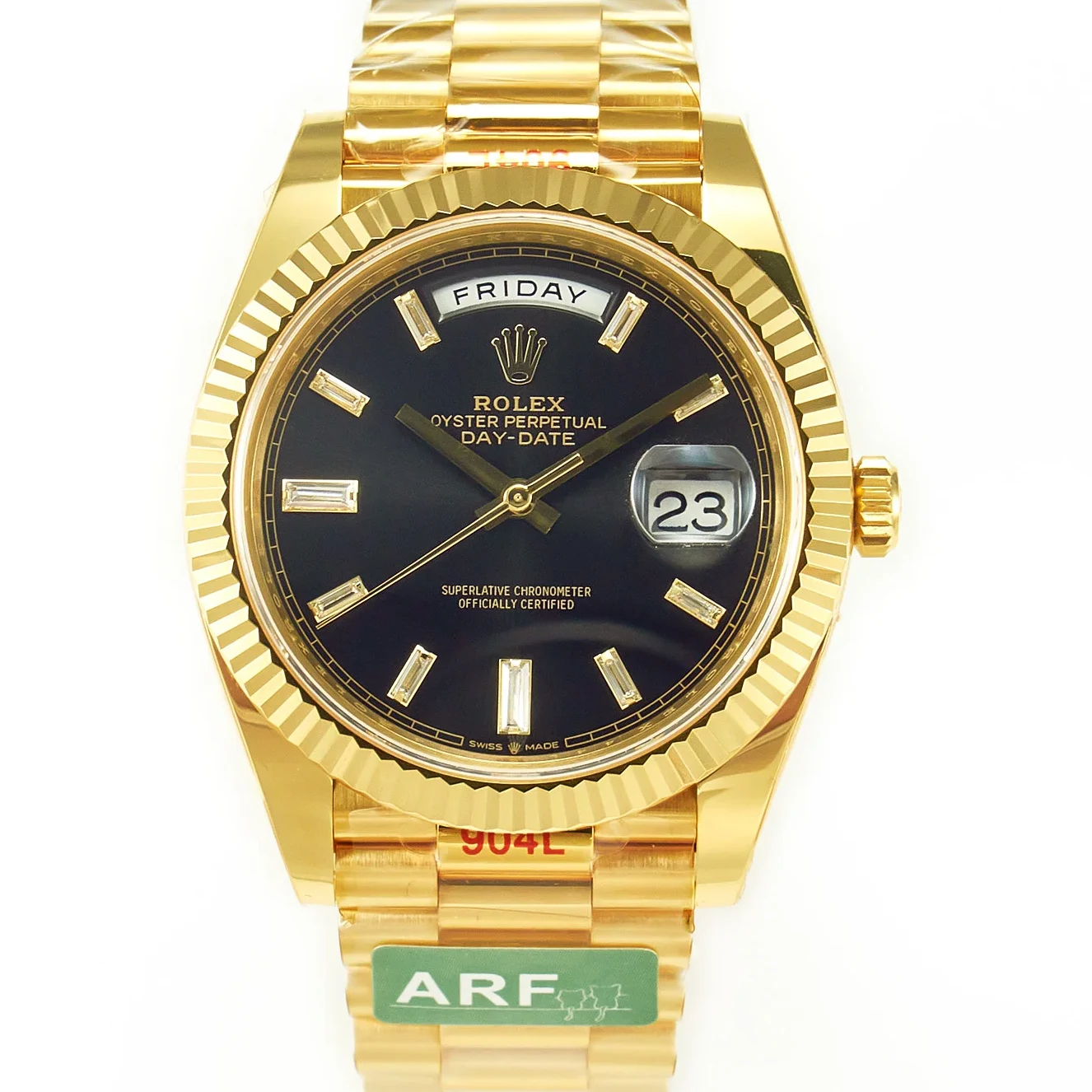 DayDate 40 228238 ARF 904L Steel Black Crystal Diamonds Bezel on President Bracelet VR3255