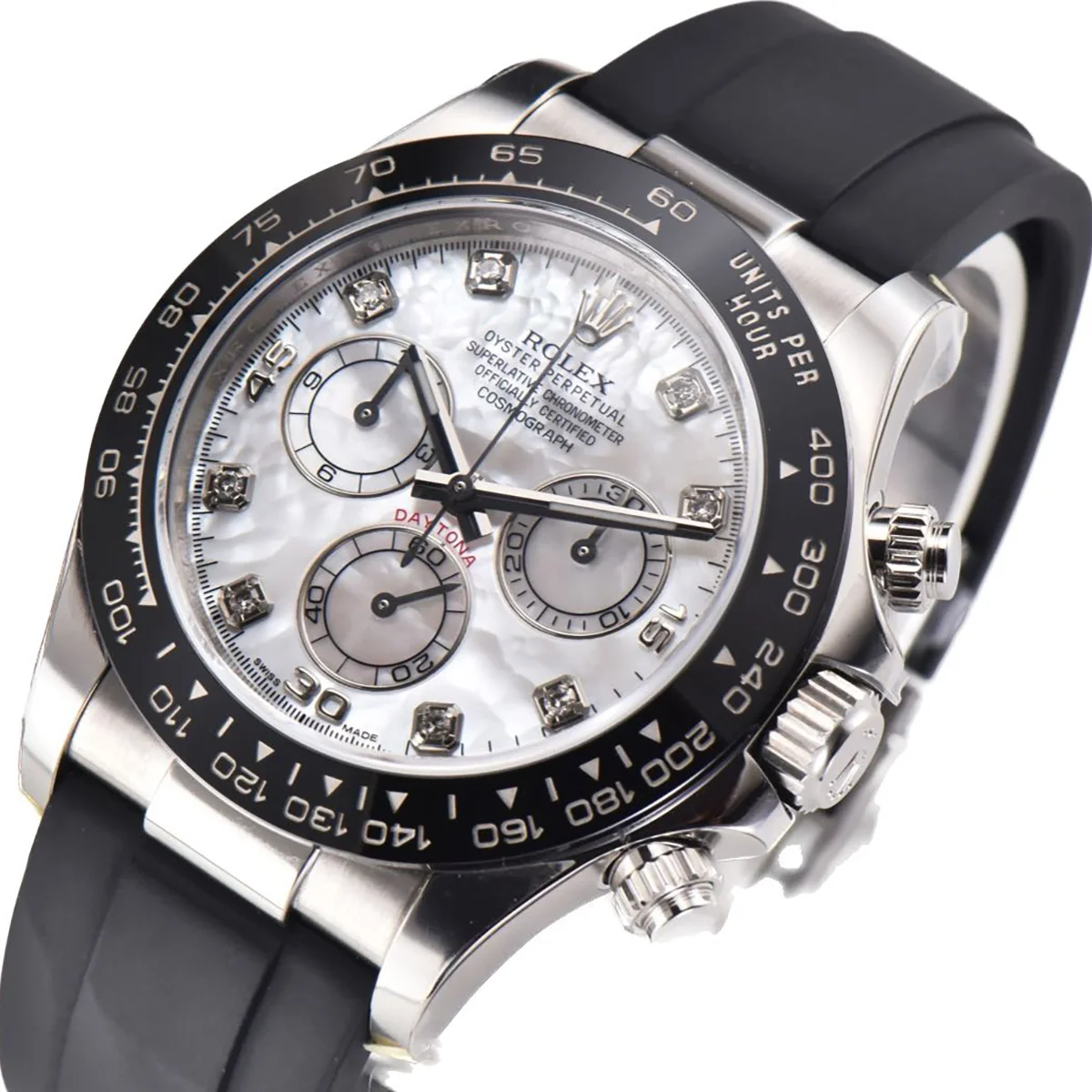Daytona 116519LN White MOP Dial with Diamond Markers in White Gold on Rubber Strap