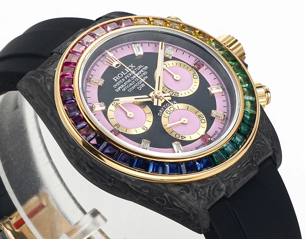 DIW Daytona Rainbow Pink Carbon in Black Rubber Strap