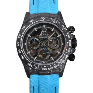 DIW Daytona Skeleton Dial in Carbon with Blue Hands on Blue Nylon Strap