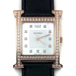 Heure H Rose Gold with Diamond Bezel and Markers on Black Epsom Leather Strap