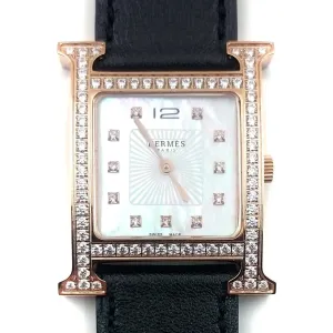 Heure H Rose Gold with Diamond Bezel and Markers on Black Fjord Leather Strap