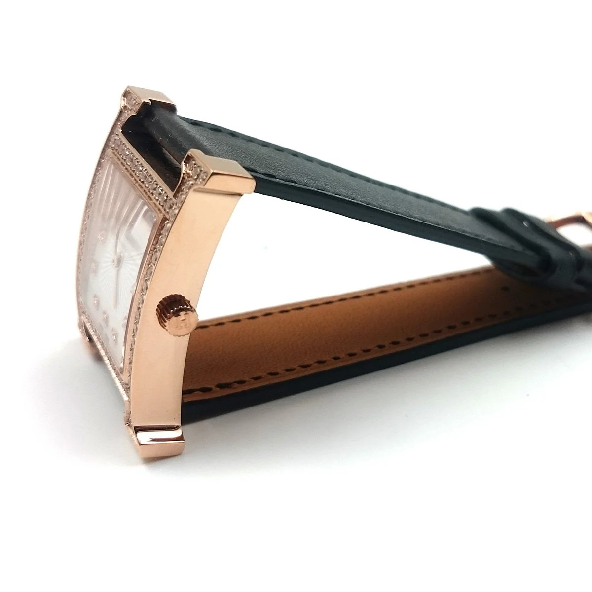 Heure H Rose Gold with Diamond Bezel and Markers on Black Fjord Leather Strap