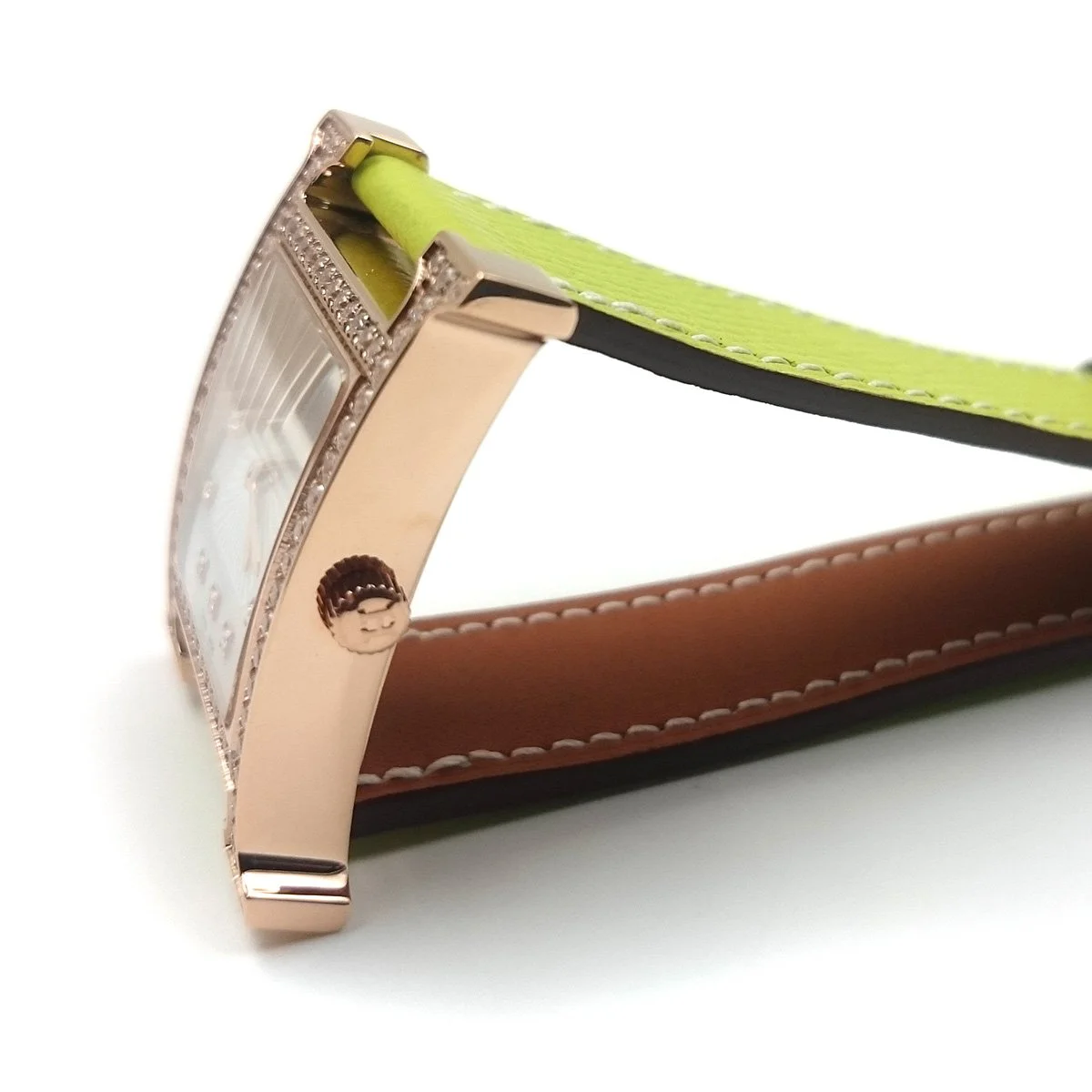 Heure H Rose Gold with Diamond Bezel and Markers on Green Epsom Leather Strap