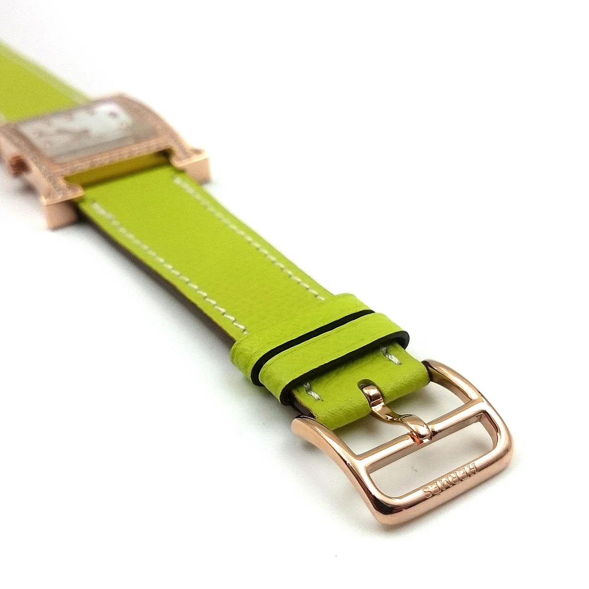 Heure H Rose Gold with Diamond Bezel and Markers on Green Epsom Leather Strap