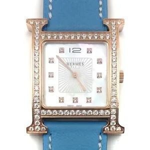 Heure H Rose Gold with Diamond Bezel and Markers on Light Blue Fjord Leather Strap
