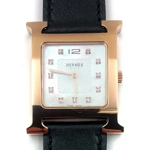 Heure H Rose Gold with Diamond Markers on Black Fjord Leather Strap
