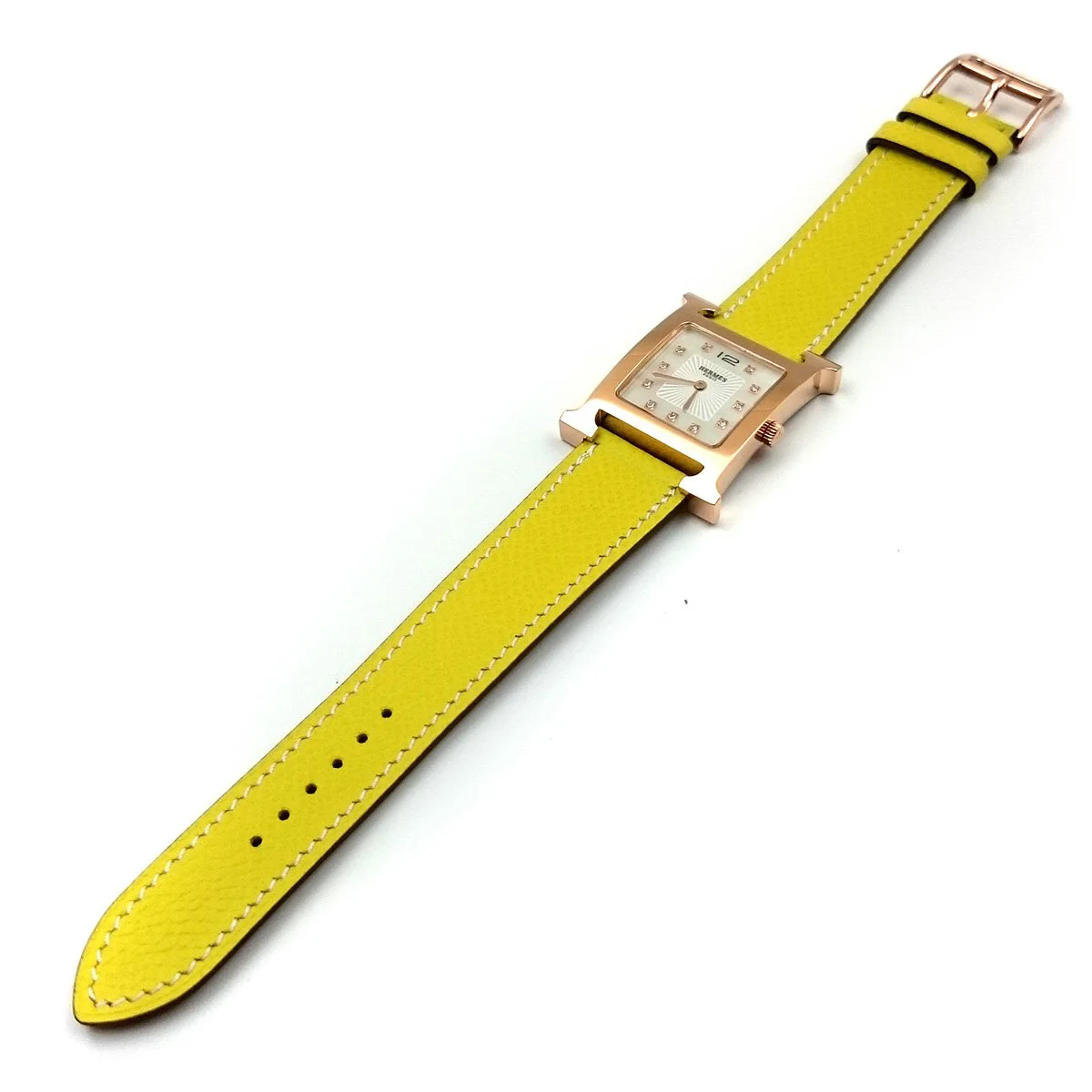 Heure H Rose Gold with Diamond Markers on Yellow Epsom Leather Strap