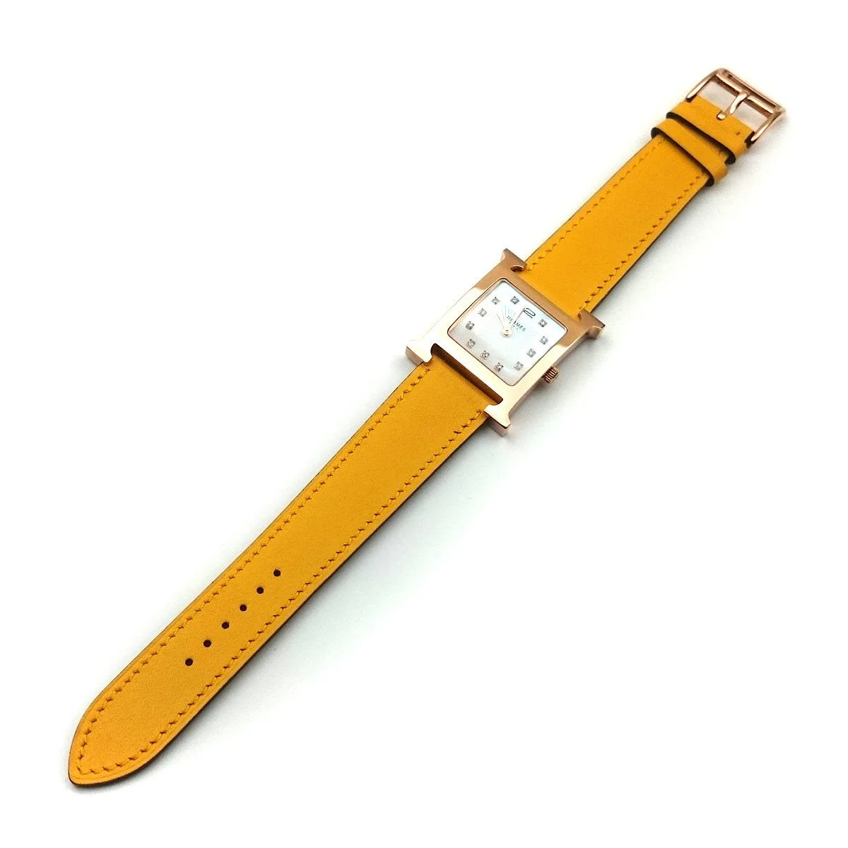 Heure H Rose Gold with Diamond Markers on Yellow Fjord Leather Strap