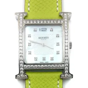Heure H Steel with Diamond Bezel and Markers on Green Epsom Leather Strap