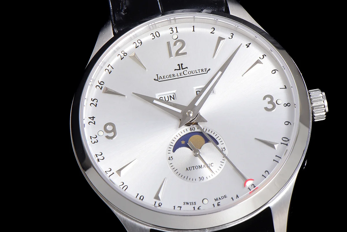 Master Calendar Silver Dial in Steel on Black Leather Strap