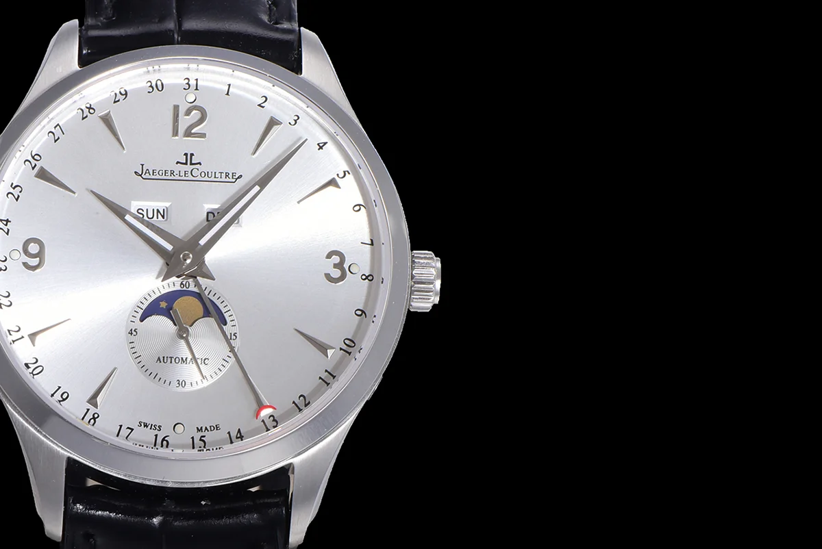 Master Calendar Silver Dial in Steel on Black Leather Strap