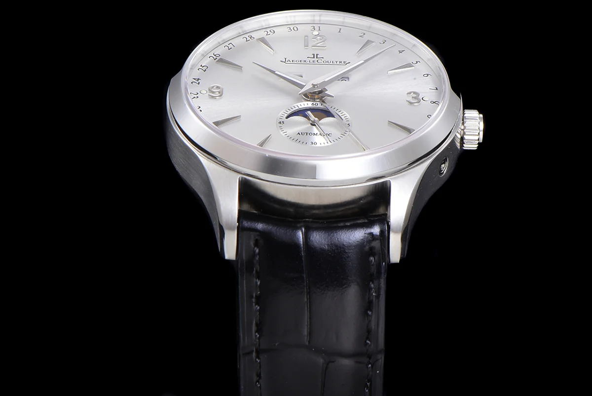 Master Calendar Silver Dial in Steel on Black Leather Strap