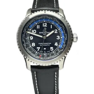 Navitimer Aviator 8 B35 Unitime Automatic 43 Black Dial in Steel on Black Leather Strap