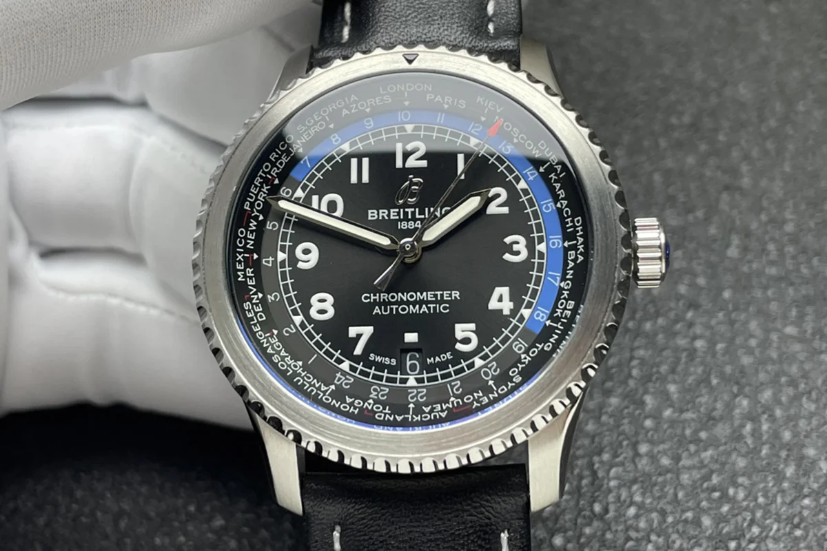 Navitimer Aviator 8 B35 Unitime Automatic 43 Black Dial in Steel on Black Leather Strap