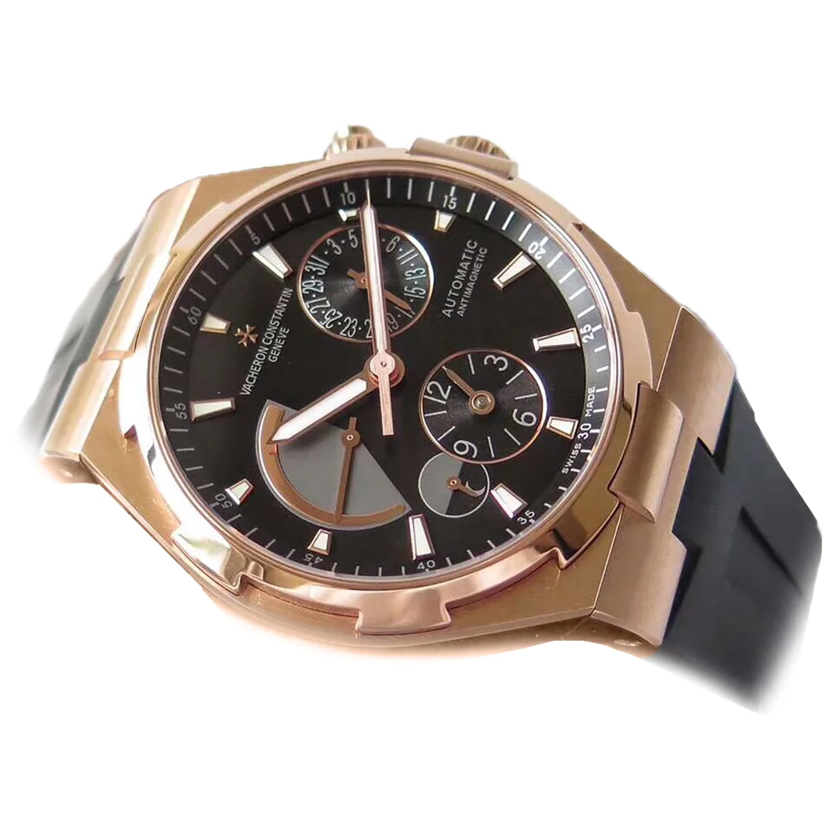 Overseas Dual Time Black Dial in Rose Gold on Rubber Strap