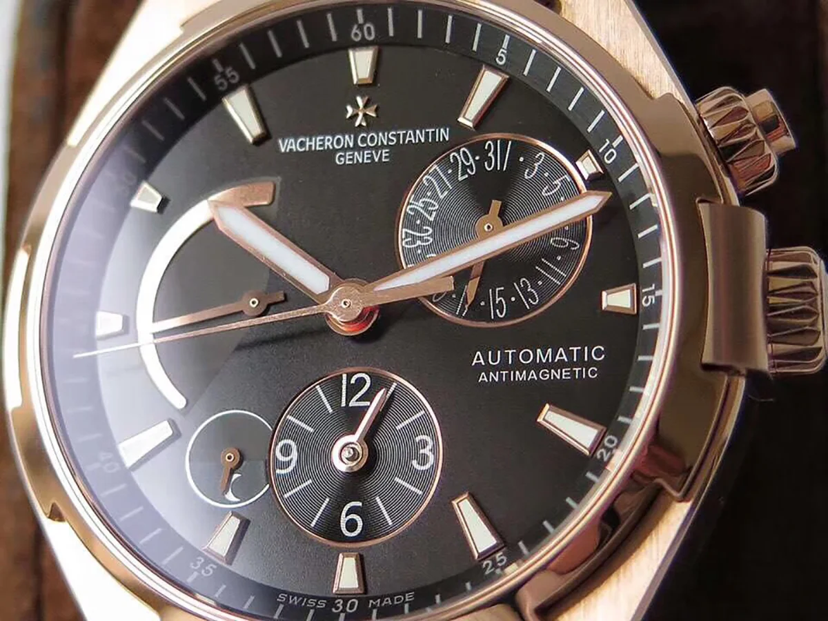 Overseas Dual Time Black Dial in Rose Gold on Rubber Strap