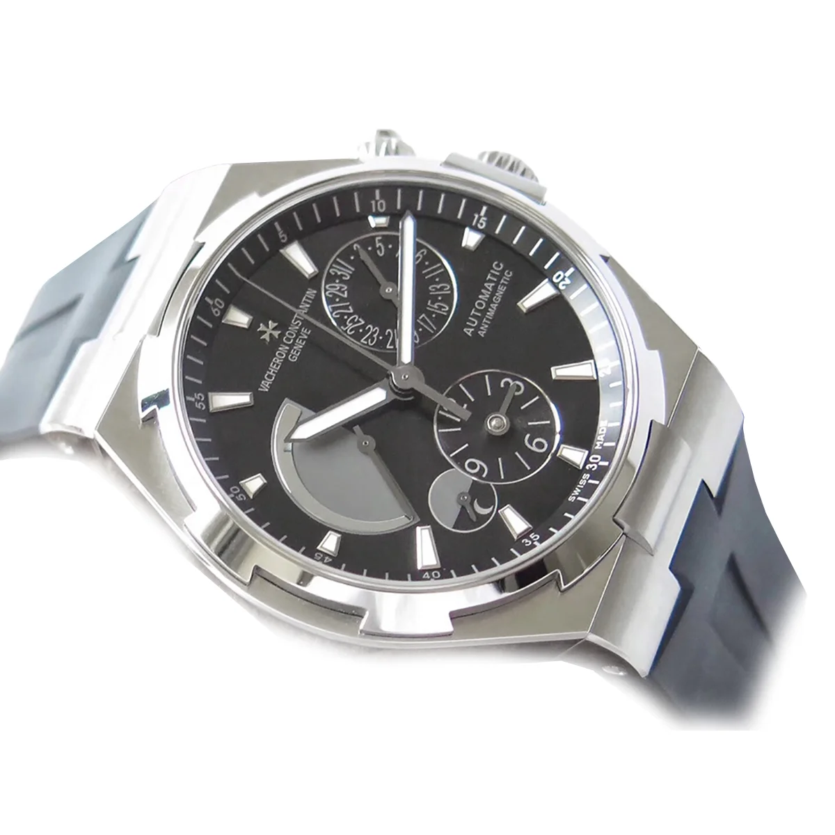 Overseas Dual Time Black Dial in Steel on Rubber Strap