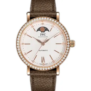Portofino IW6596 Automatic Moon Phase 37 White Dial in Rose Gold on Brown Leather Strap