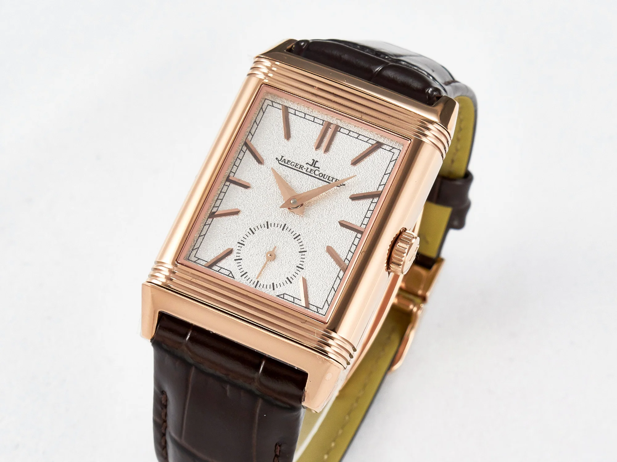 Reverso Tribute Duoface Small Seconds RG MGF Best Edition White Spray Paint Dial on Black Leather Strap A854A