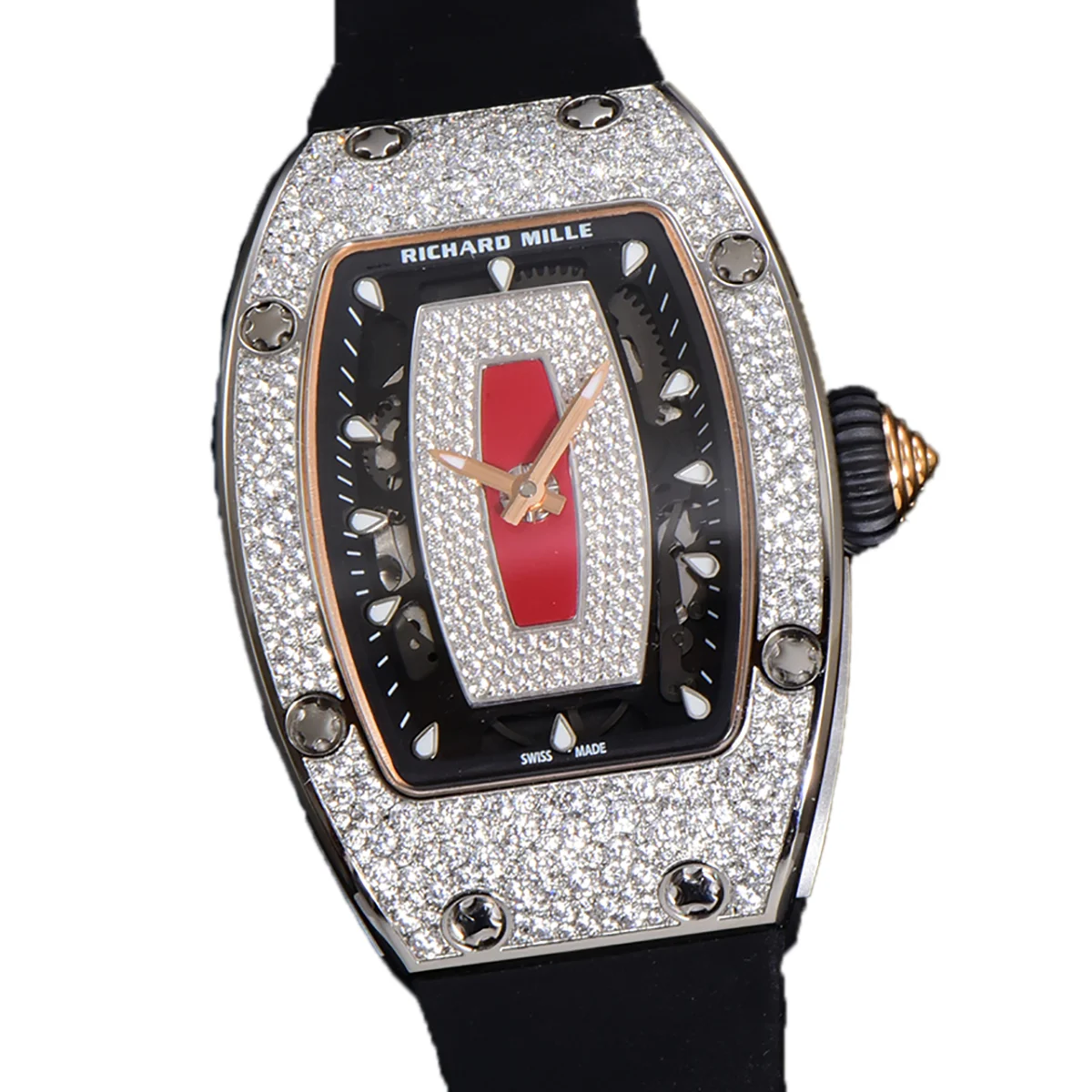 RM 007 Automatic Ladies with Diamond Bezel in Steel on Black Rubber Strap