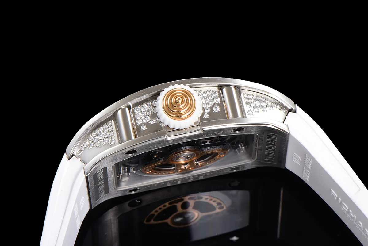 RM 007 Automatic Ladies with Diamond Bezel in Steel on White Rubber Strap
