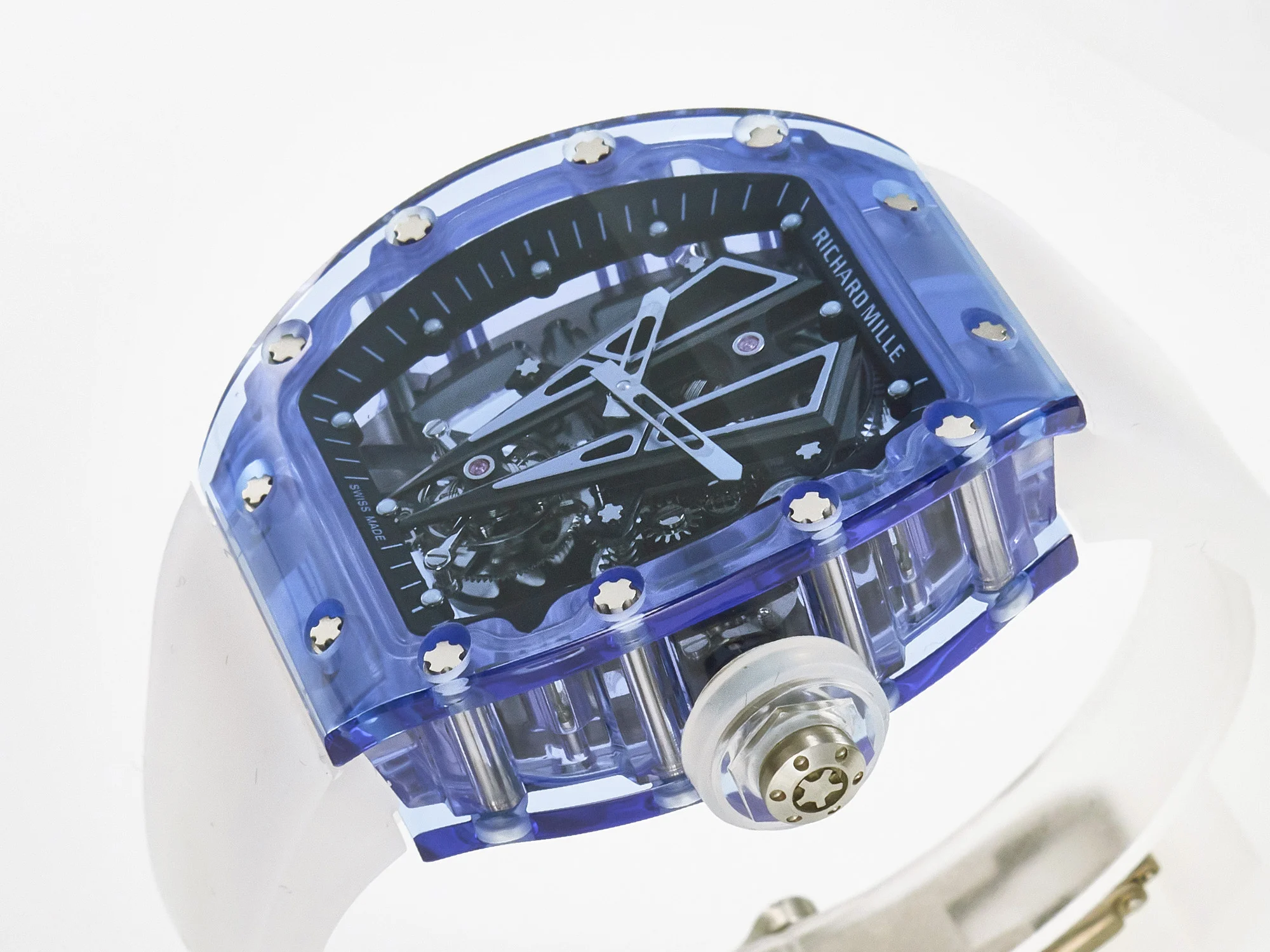 RM27-03 Blue Transparent Tourbillon MSF Best Edition Skull Dial on White Rubber Strap