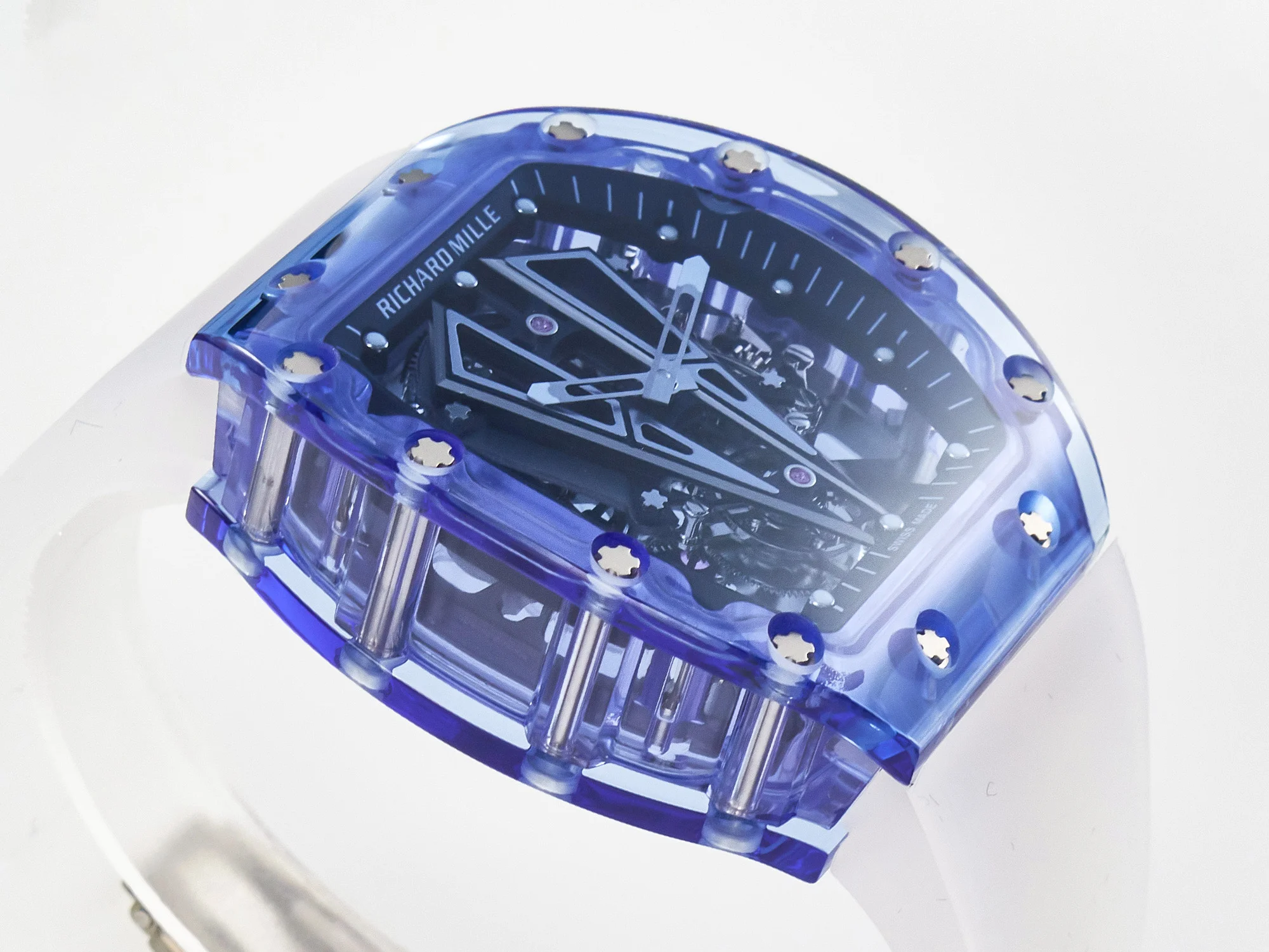 RM27-03 Blue Transparent Tourbillon MSF Best Edition Skull Dial on White Rubber Strap