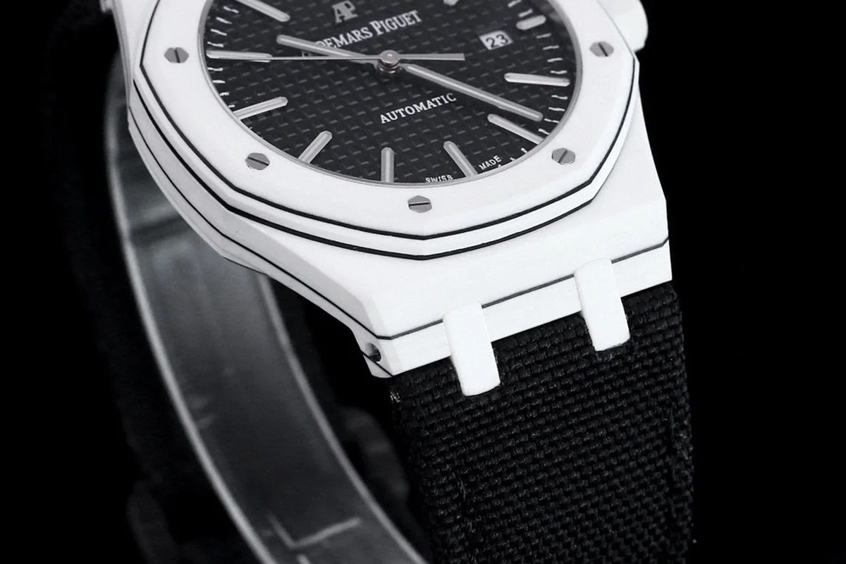 Royal Oak 15400 Black Dial in White Carbon Fibre on Black Nylon Strap