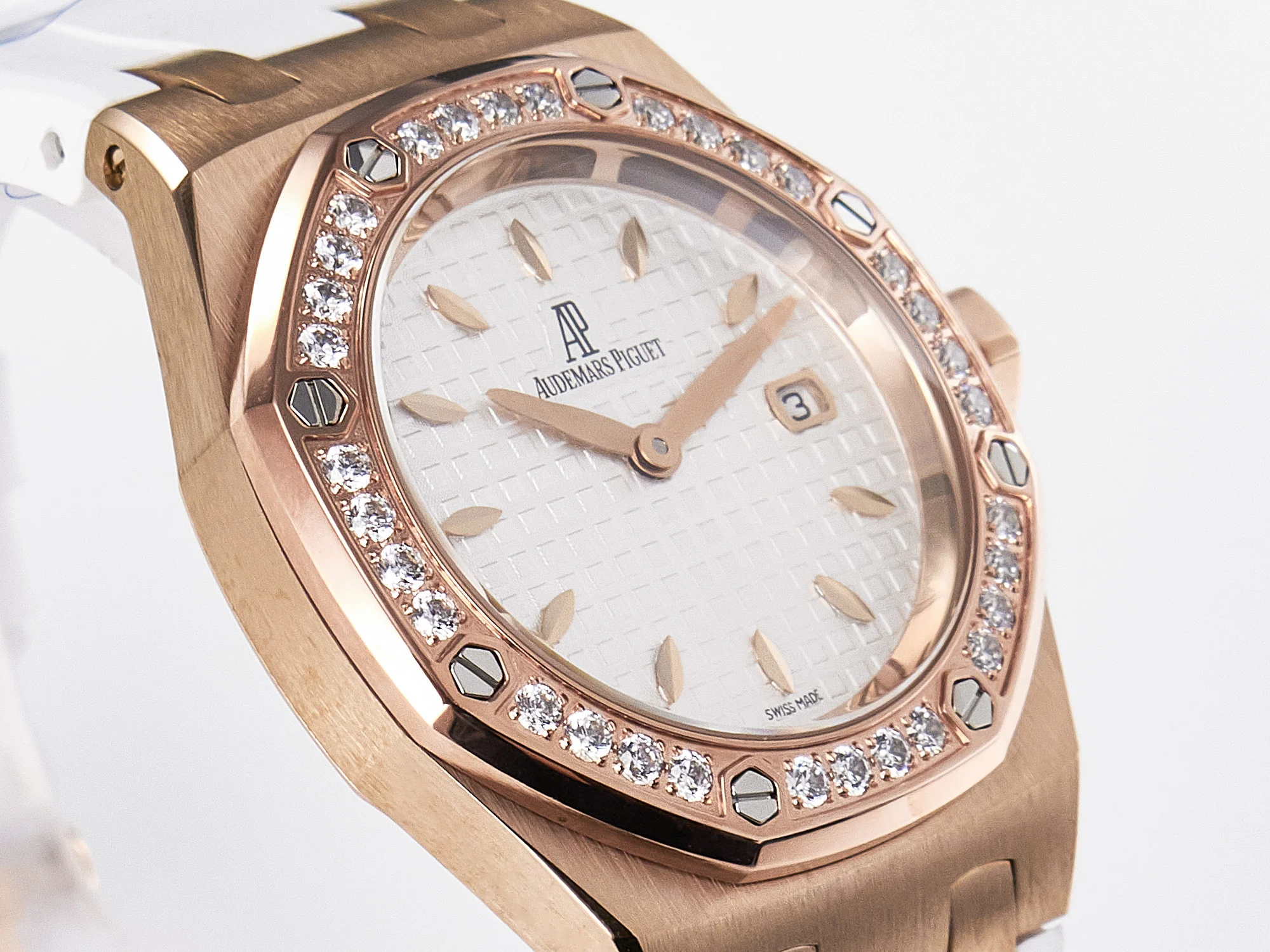 Royal Oak Offshore Ladies 33mm RG DRF Best Edition White Dial Diamonds Bezel on White Rubber Strap ETA Quartz