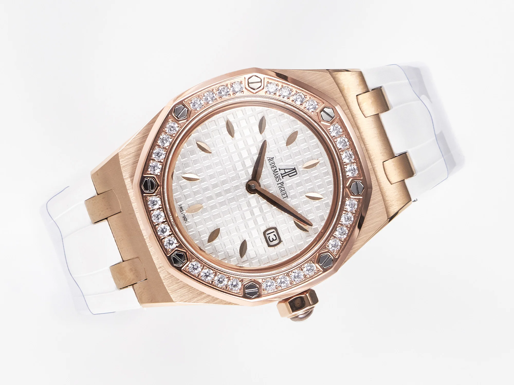 Royal Oak Offshore Ladies 33mm RG DRF Best Edition White Dial Diamonds Bezel on White Rubber Strap ETA Quartz