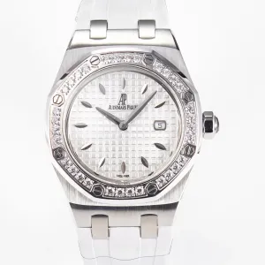 Royal Oak Offshore Ladies 33mm SS DRF Best Edition White Dial Diamonds Bezel on White Rubber Strap ETA Quartz