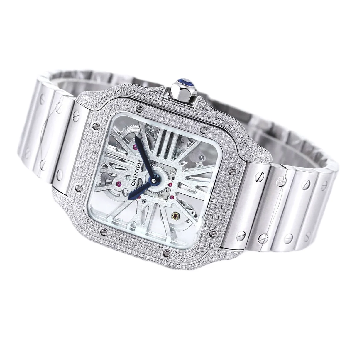 Santos De Cartier Watch Skeleton Dial with Diamond Bezel in Steel