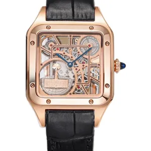 Santos-Dumont (Large) Skeleton Watch in Rose Gold on Black Leather Strap