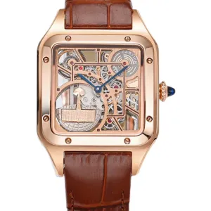 Santos-Dumont (Large) Skeleton Watch in Rose Gold on Brown Leather Strap