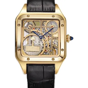 Santos-Dumont (Large) Skeleton Watch in Yellow Gold on Black Leather Strap
