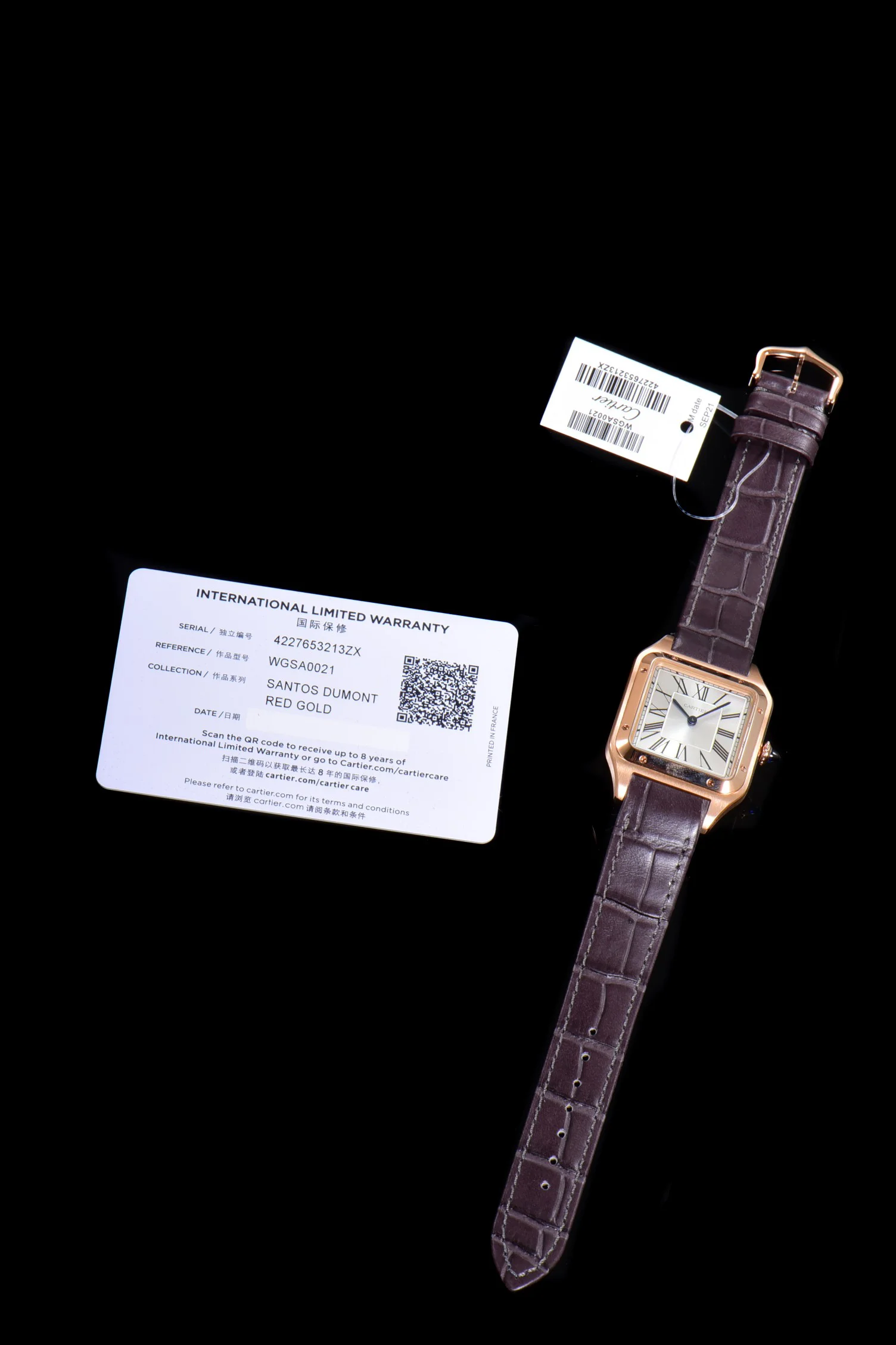 Santos-Dumont (Small) Silver Dial in Rose Gold on Purple Leather Strap Ref. WGSA0022