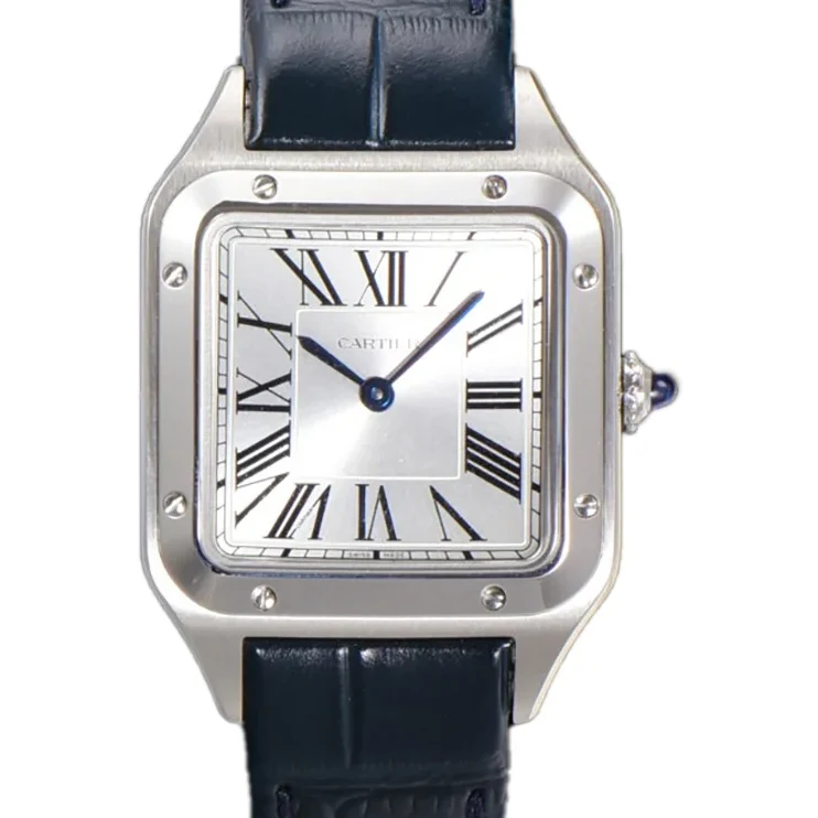 Santos-Dumont (Small) Silver Dial in Steel on Blue Leather Strap Ref. WSSA0023
