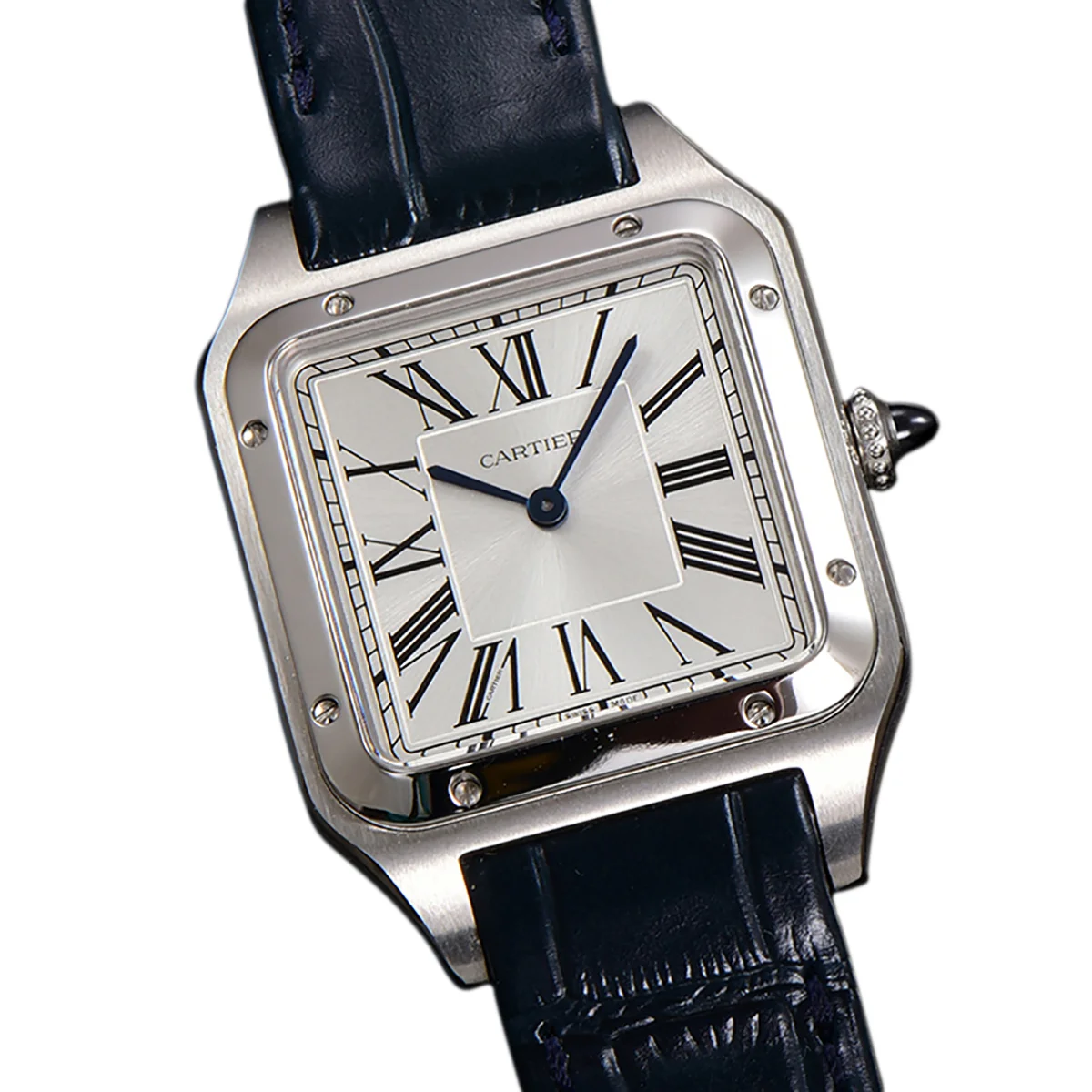 Santos-Dumont (Small) Silver Dial in Steel on Blue Leather Strap Ref. WSSA0023
