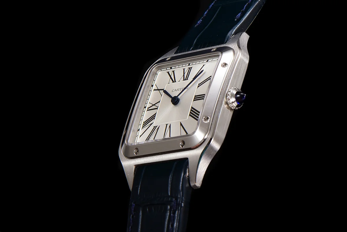 Santos-Dumont (Small) Silver Dial in Steel on Blue Leather Strap Ref. WSSA0023