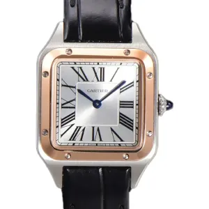 Santos-Dumont (Small) Silver Dial in Steel/Rose Gold on Black Leather Strap Ref. W2SA0012