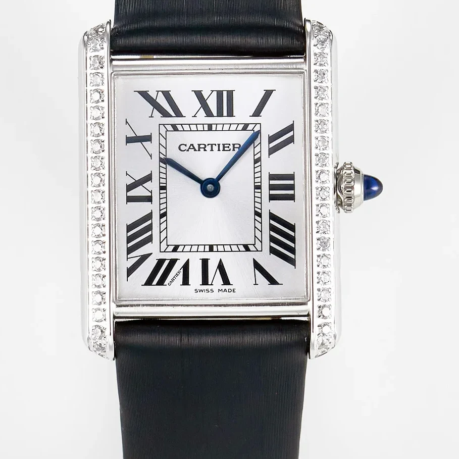 Tank Must Large SS 33.7mm DRF 1:1 Best Edition White Dial Diamonds Bezel on Black Calfskin Strap Swiss Quartz