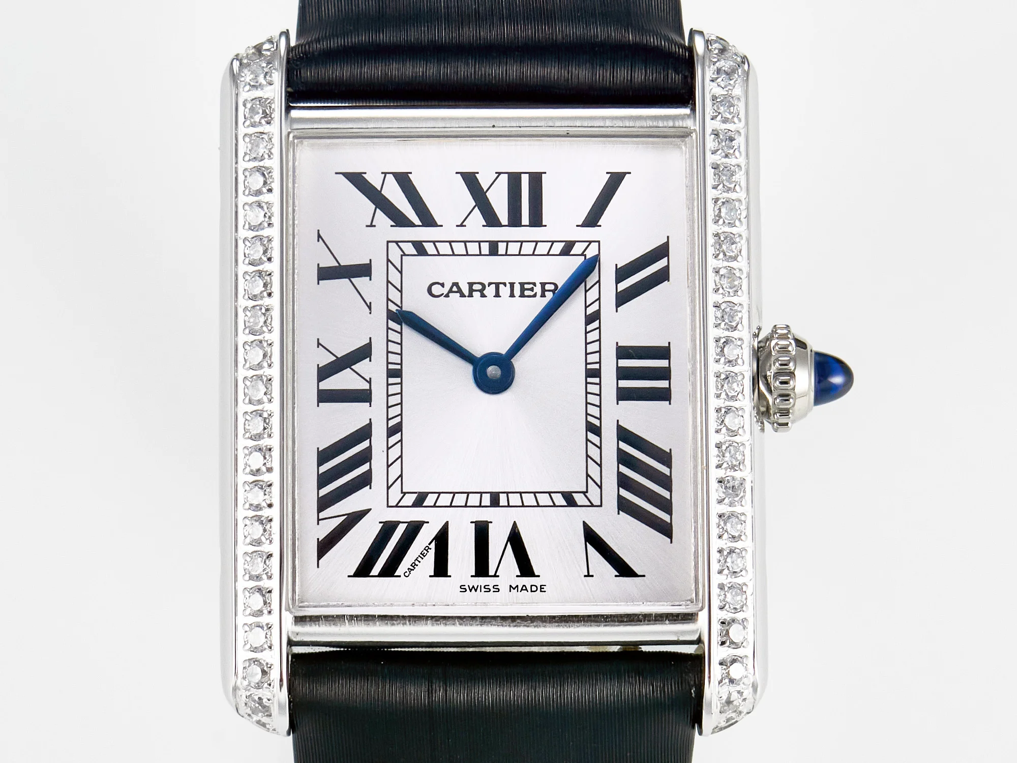 Tank Must Large SS 33.7mm DRF 1:1 Best Edition White Dial Diamonds Bezel on Black Calfskin Strap Swiss Quartz