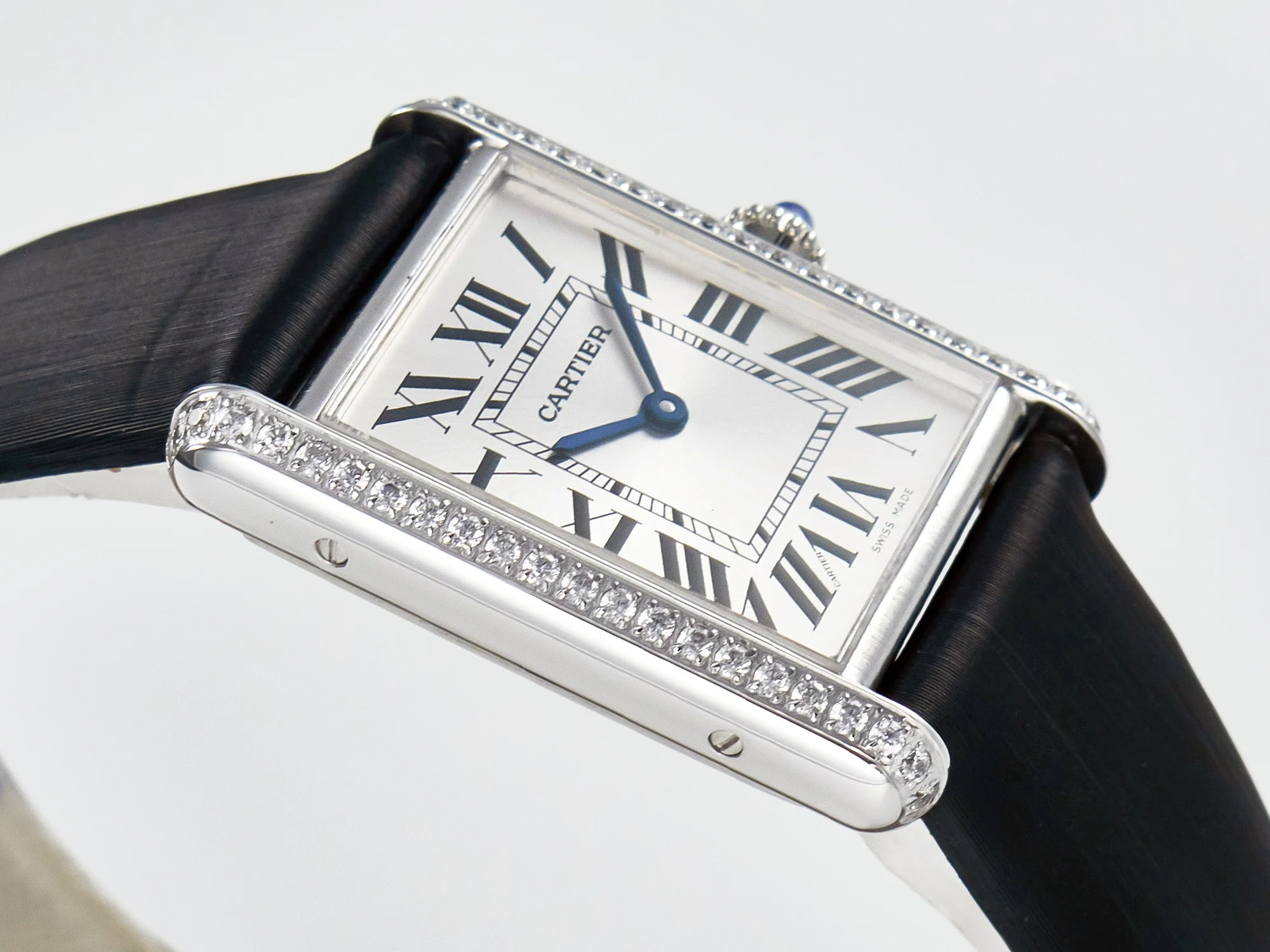 Tank Must Large SS 33.7mm DRF 1:1 Best Edition White Dial Diamonds Bezel on Black Calfskin Strap Swiss Quartz