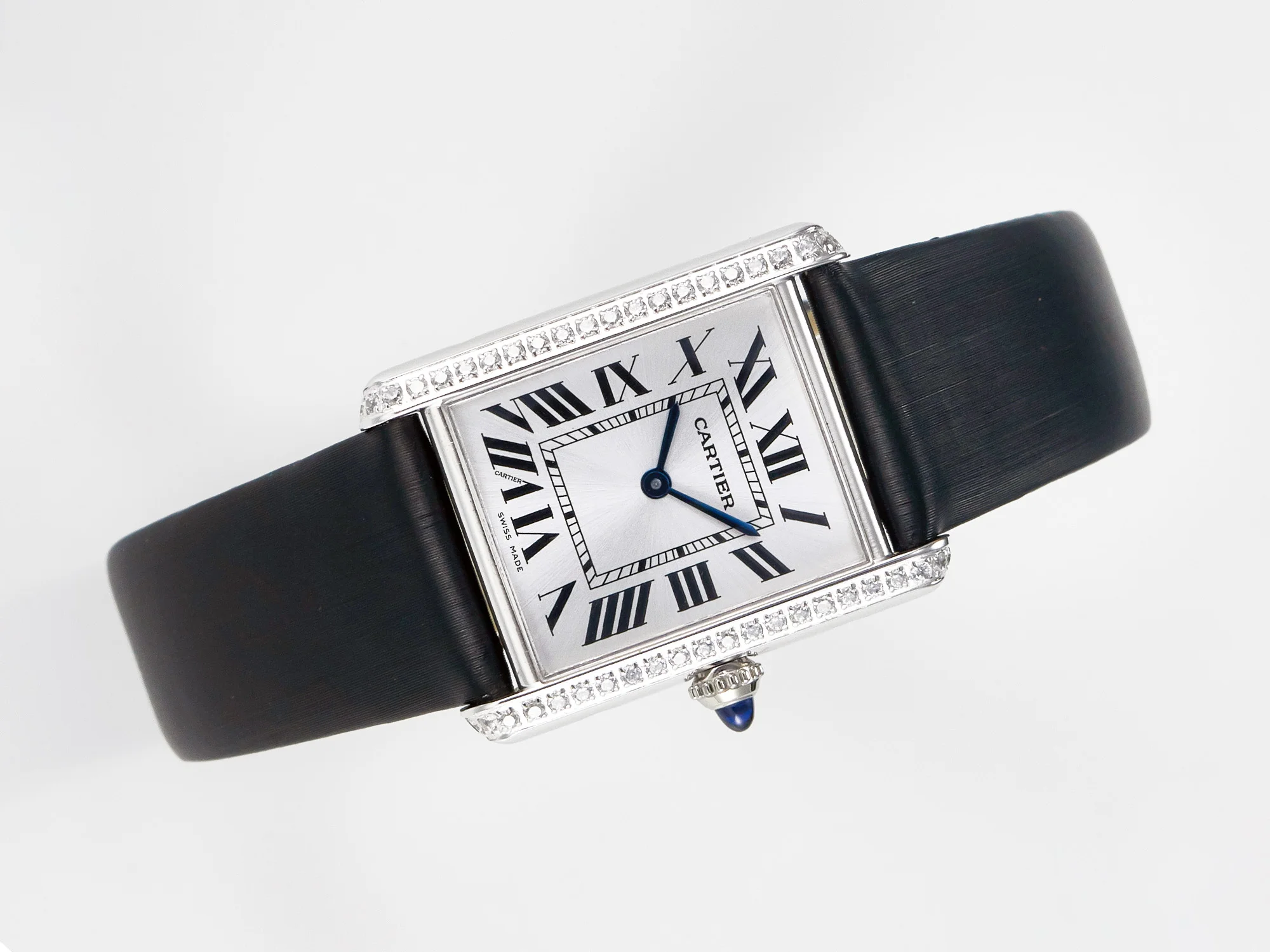 Tank Must Large SS 33.7mm DRF 1:1 Best Edition White Dial Diamonds Bezel on Black Calfskin Strap Swiss Quartz
